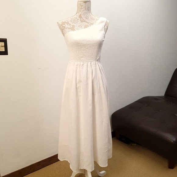 One Shoulder Smocked Cutout Waist Sundress Flowy A-Line Dress White Women Size S - Picture 6 of 17
